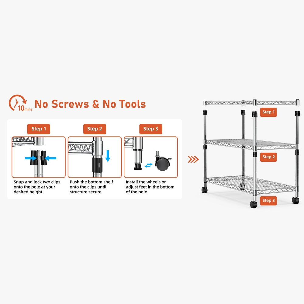 YSSOA 3-Tier Heavy Duty Storage Shelves 750Lb Capacity, 24.02" D x 13.78" W x 21.97" H Shelving Unit for Pantry, Garage, Laundry and Kitchen, Chrome
