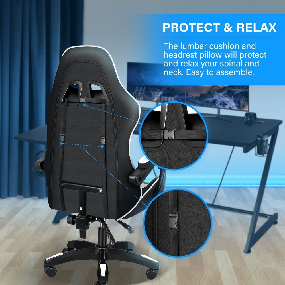 Gaming Ergonomic Chair with Footrest - Black/White - Simple Deluxe