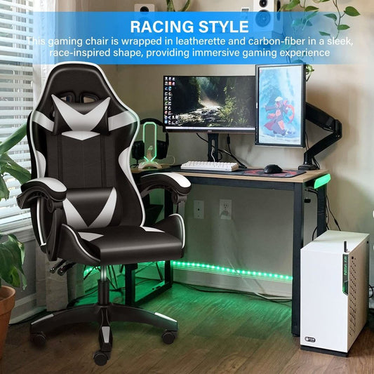 Gaming Ergonomic Chair with Footrest - Black/White - Simple Deluxe