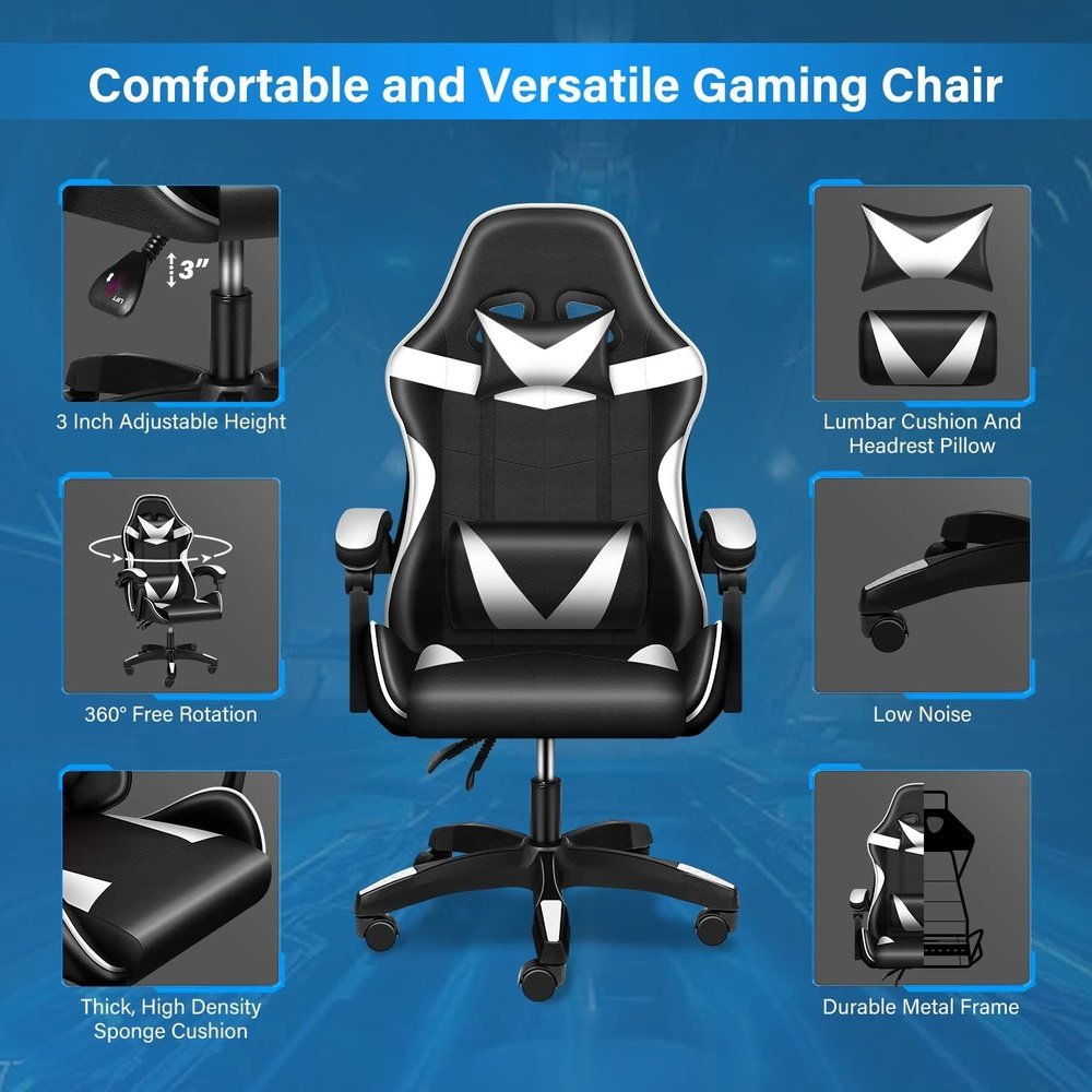 Gaming Ergonomic Chair with Footrest - Black/White - Simple Deluxe