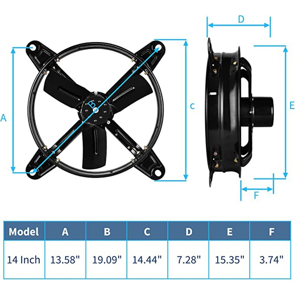 14 Inch Mount Fan Attic Gable Ventilator with Adjustable Temperature Thermostat, 1239 CFM, Black - Simple Deluxe