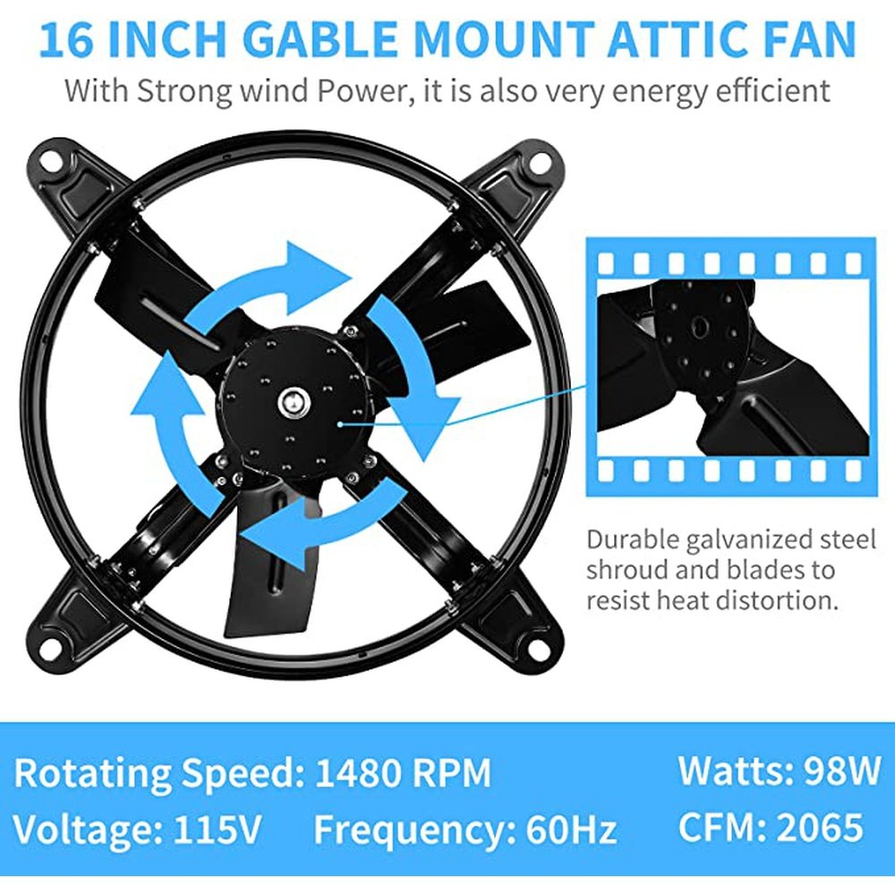16 Inch Mount Fan Attic Gable Ventilator with Adjustable Temperature Thermostat, 2065 CFM, Black - Simple Deluxe