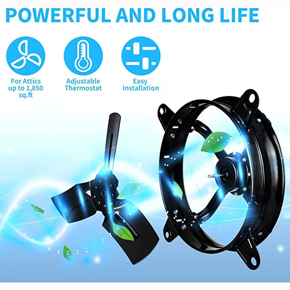 16 Inch Mount Fan Attic Gable Ventilator with Adjustable Temperature Thermostat, 2065 CFM, Black - Simple Deluxe