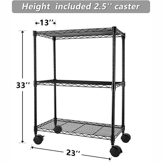 Heavy Duty 3-Shelf Shelving with Wheels, Adjustable Storage Units, Steel Organizer Wire Rack, 23" W x 13" D x 30" H, Black - Simple Deluxe