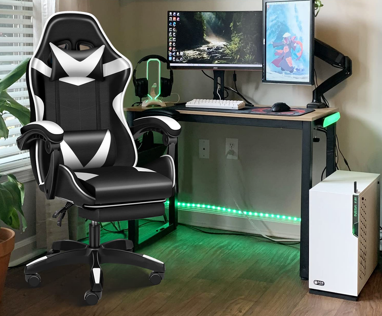 Simple Deluxe Gaming Ergonomic Chair with Footrest - Black/White