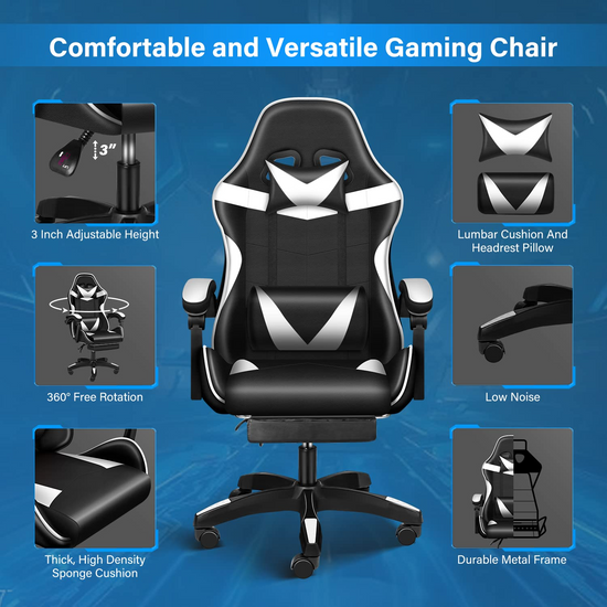 Simple Deluxe Gaming Ergonomic Chair with Footrest - Black/White