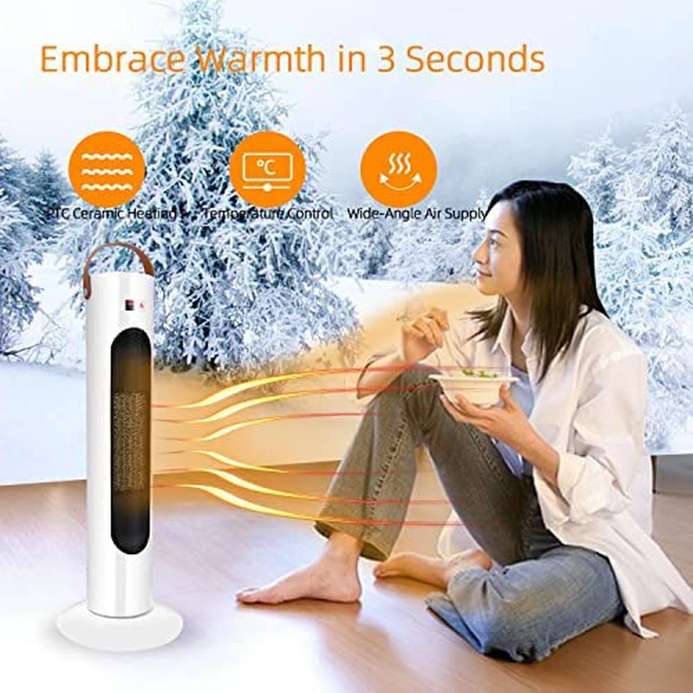 Electric Space Heater, 1500W Whole Room Tower Space Heater with Remote 4 Heat Modes Setting, Overheating Protection, for Bedroom, Office, and Indoor Use, White - Simple Deluxe