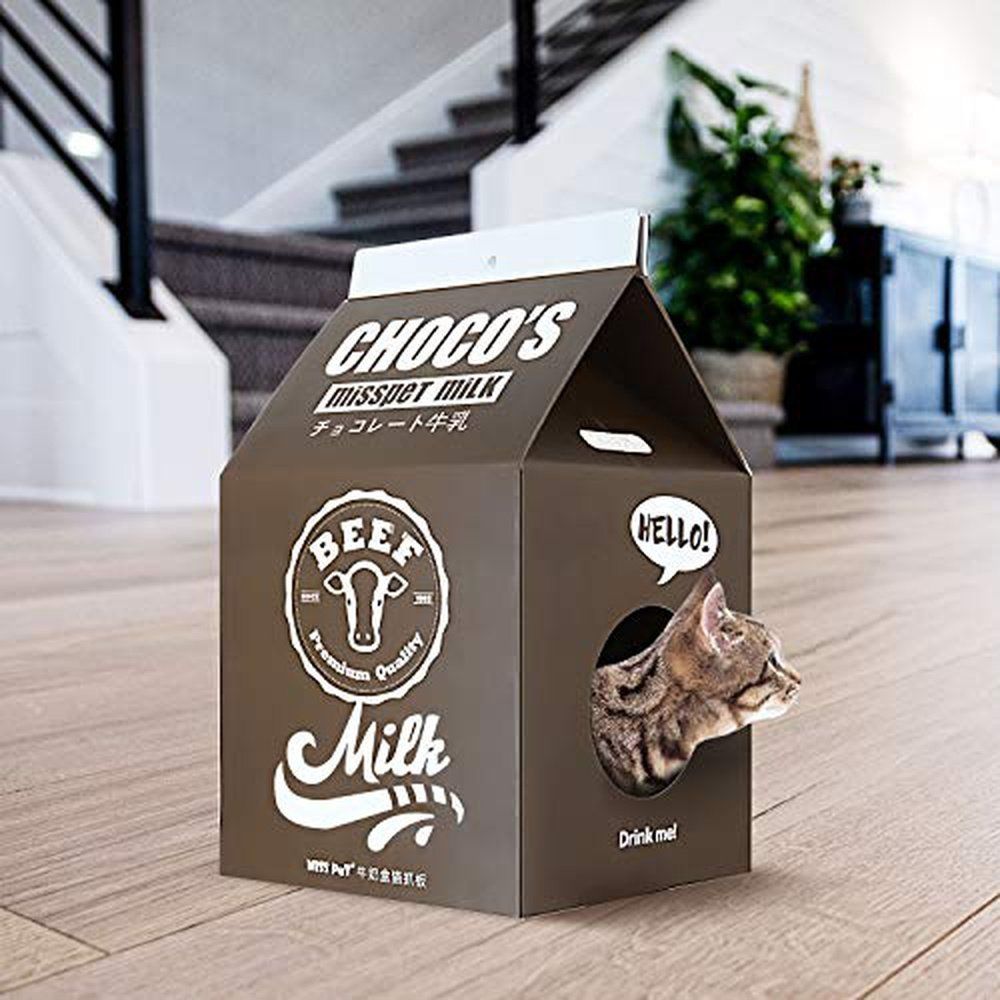 Cat Condo Scratcher Post Cardboard Milk Box Shape -red - Simple Deluxe