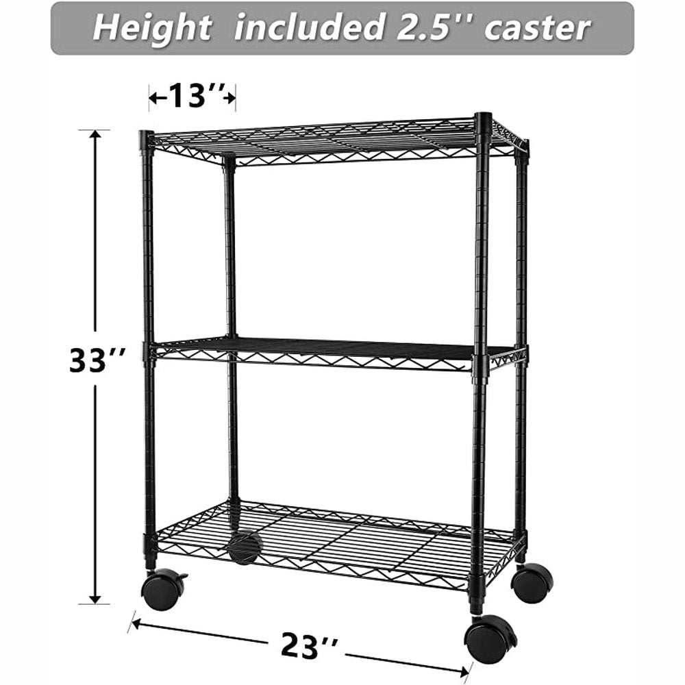 Heavy Duty 3-Shelf Shelving with Wheels, Adjustable Storage Units, Steel Organizer Wire Rack, 23" W x 13" D x 30" H, Black - Simple Deluxe