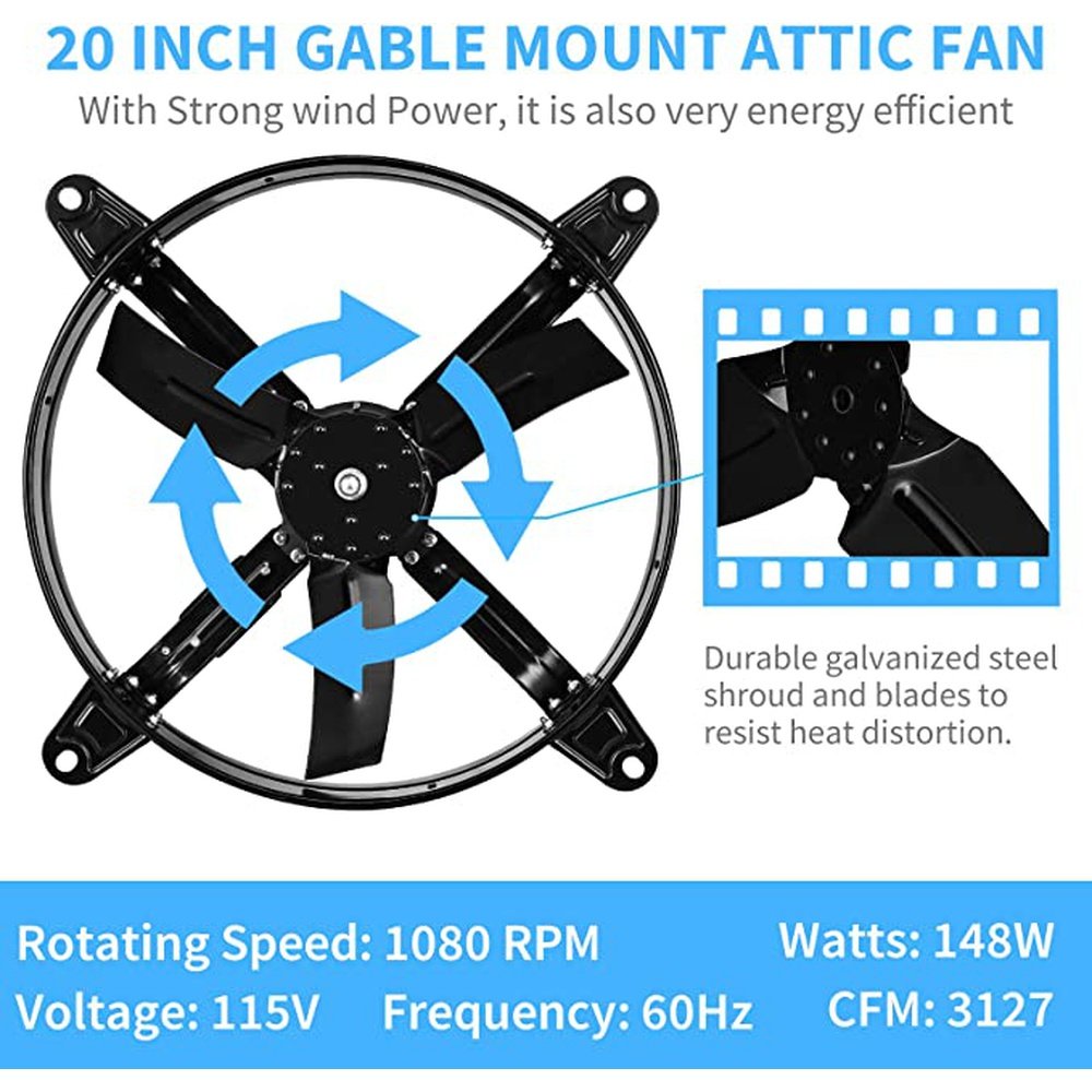 20 Inch Gable Mount Fan Attic Ventilator with Adjustable Temperature Thermostat, 3127 CFM, Black - Simple Deluxe