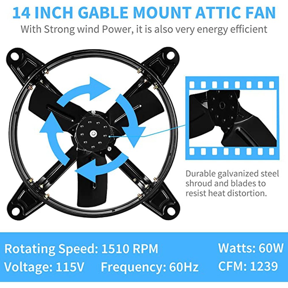 14 Inch Mount Fan Attic Gable Ventilator with Adjustable Temperature Thermostat, 1239 CFM, Black - Simple Deluxe