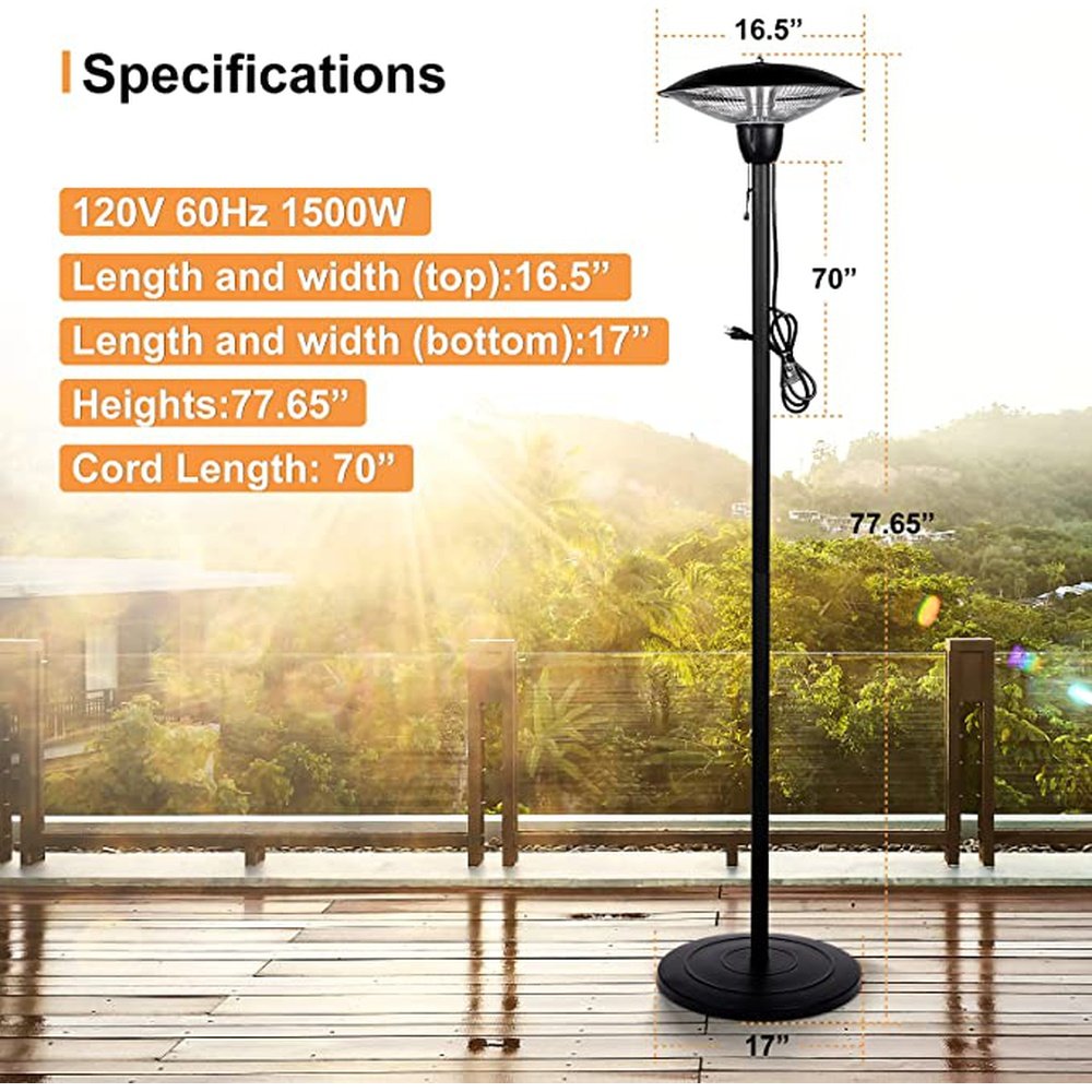 Simple Deluxe 1500W Patio Heater,Outdoor Patio Heater,Outdoor Electric Heater,Infrared Heater for Patios and Balconies, Camping, Tailgating 77.65" * 17"* 16.5"Black - Simple Deluxe