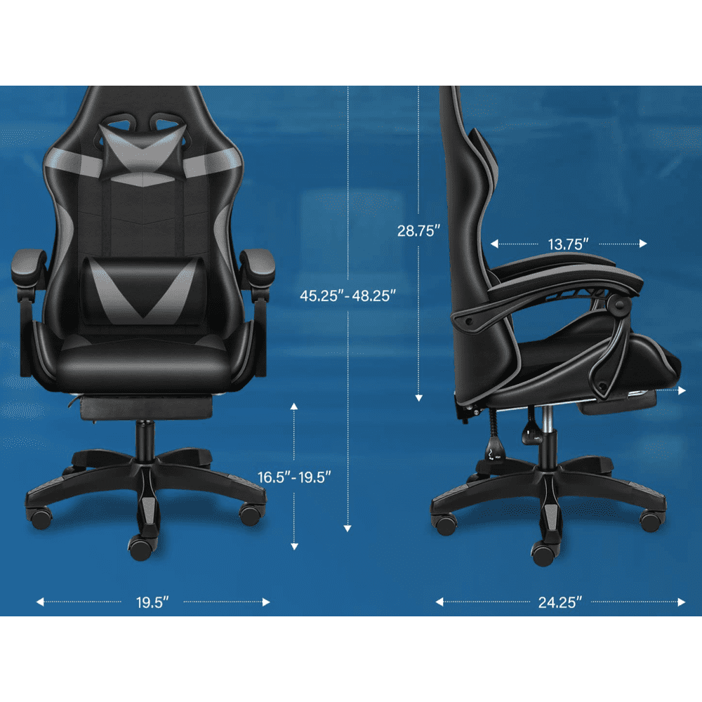 Gaming Ergonomic Chair with Footrest - Black/Grey - Simple Deluxe