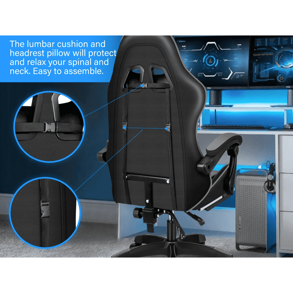Gaming Ergonomic Chair with Footrest - Black/Grey - Simple Deluxe