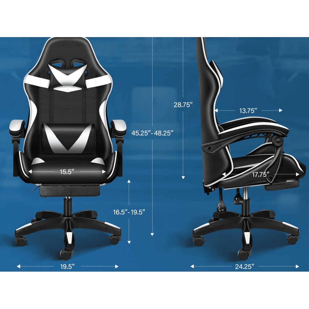 Gaming Ergonomic Chair with Footrest - Black/White - Simple Deluxe